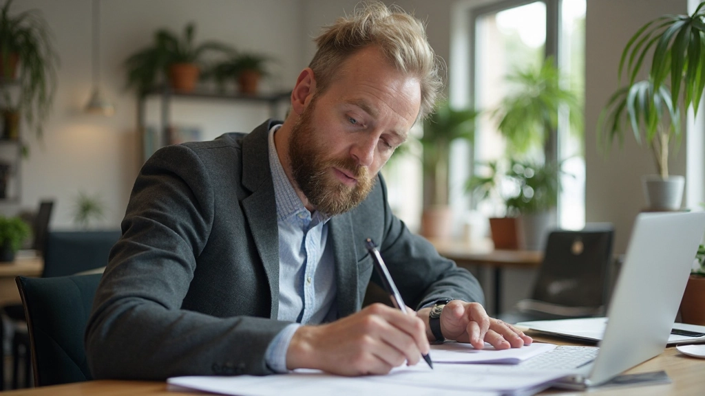 Creatieve professional die aan persoonlijk merk identiteit werkt, geconcentreerde uitdrukking, werkstation met design tools zichtbaar, natuurlijke verlichting