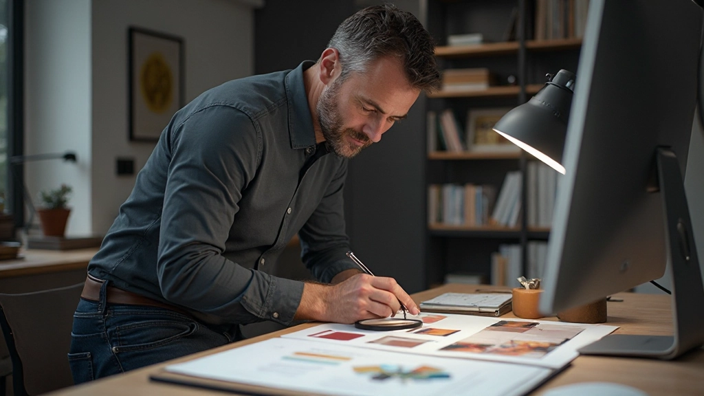 Close-up detail van portfolio website elementen: typografie, kleurenpalet swatches, icoonstijl voorbeelden, spacing diagrammen